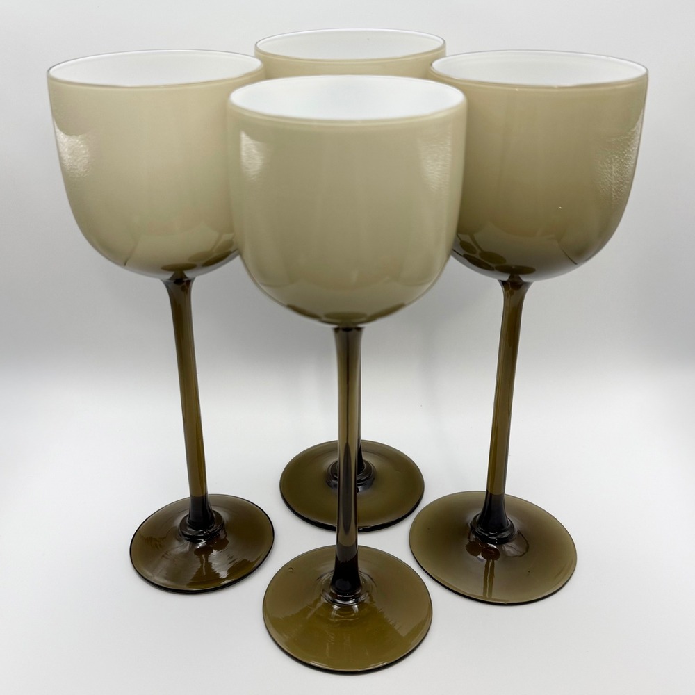 Vintage Carlo Moretti Murano Cased‎ Glass Wine Smoke Taupe Set 4 9.5" Tall MCM